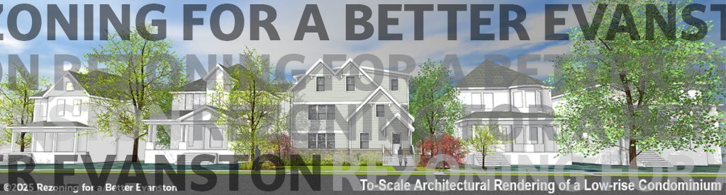 To-Scale Architectural Rendering of a Low-rise Condominium showing pleasant curb view of 7 unit 2 bedroom, 2 bathroom unit building on typical single family home street.