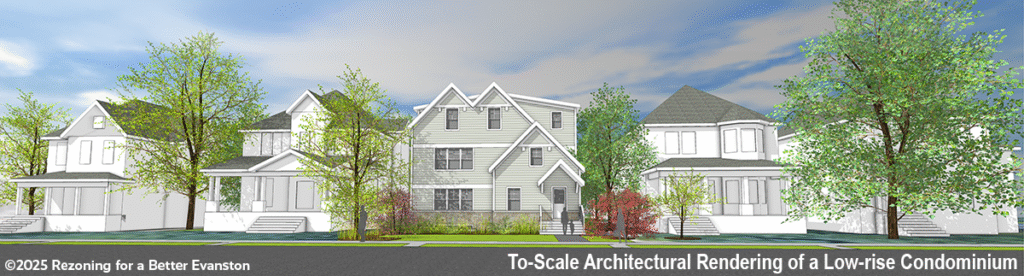 To scale rendering of a low rise condominium on a typical Evanston street